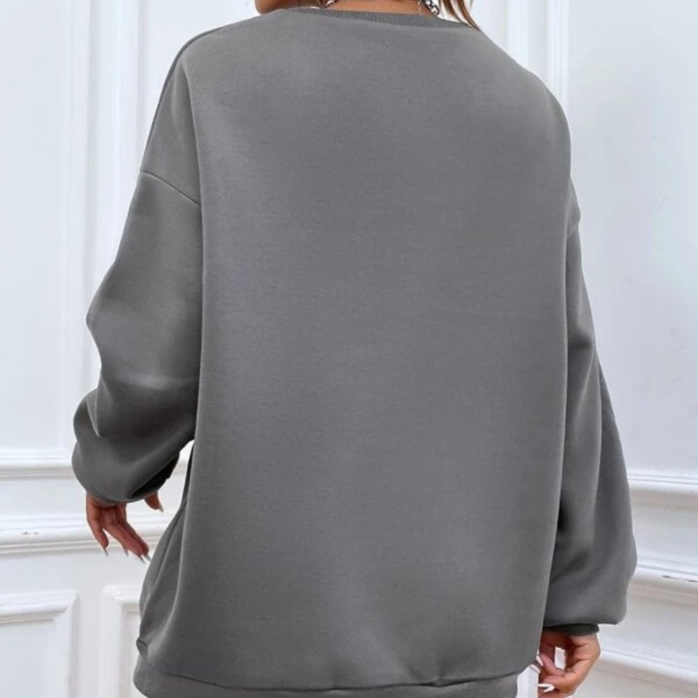 Casual Gray Pullover Leopard Mouth Print Oversized Sweatshirt TOP - Picture 5 of 6
